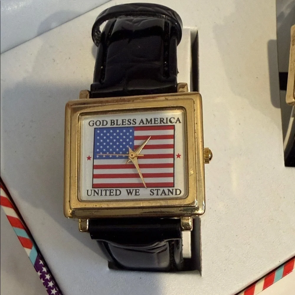 Set of Black Strap Watch Set with American Flag Dial.